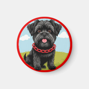 Imán Perro negro lindo con collar rojo en estilo de dib