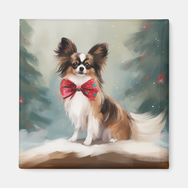 Imán Perro Papillon en Navidades de nieve (Frente)