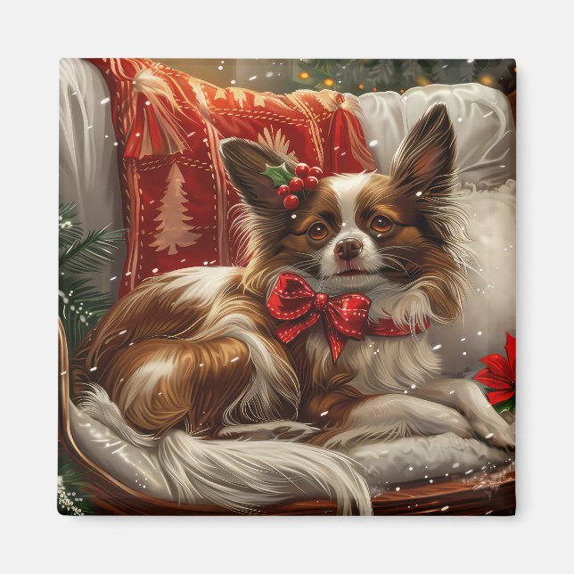Imán Perro Papillon Navidad Festiva (Frente)