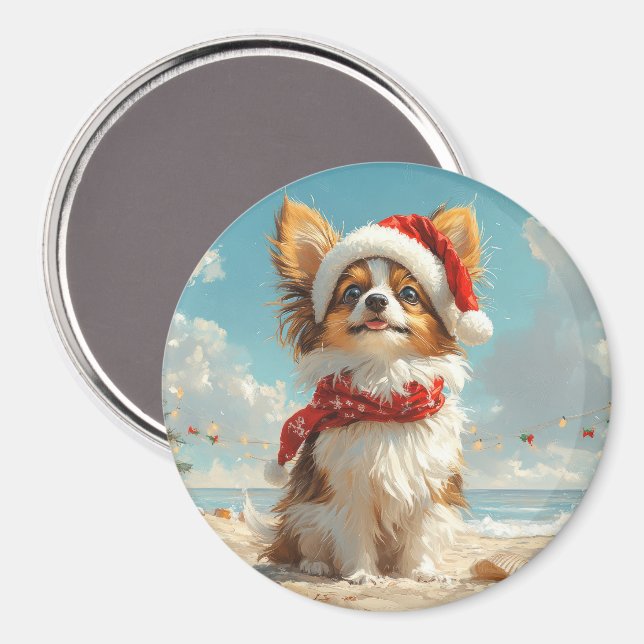 Imán Perro Papillon Navidad Vintage Playa (Anverso/Reverso)