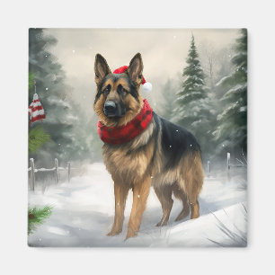Imán Perro pastor alemán en Navidad con nieve