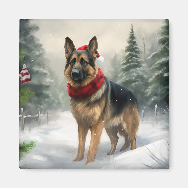 Imán Perro pastor alemán en Navidad con nieve (Frente)