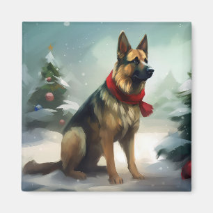 Imán Perro pastor alemán en Navidad con nieve