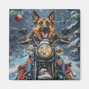 Imán Perro pastor alemán montando motocicleta Navidad