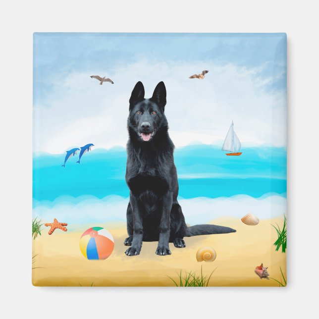Imán Perro pastor alemán negro en la playa (Frente)