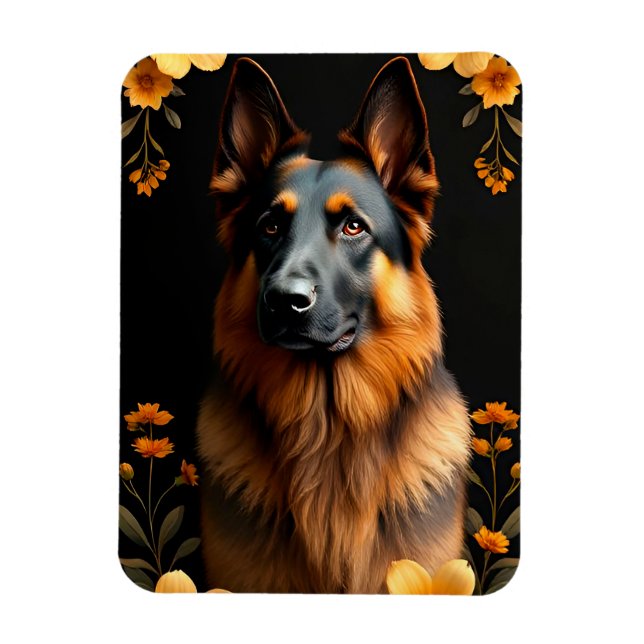 Imán Perro pastor alemán rodeado de flores vibrantes (Vertical)