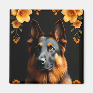 Imán Perro pastor alemán rodeado de flores vibrantes