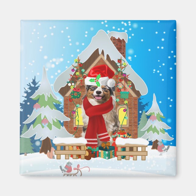 Imán Perro pastor australiano con regalos de Navidades (Frente)