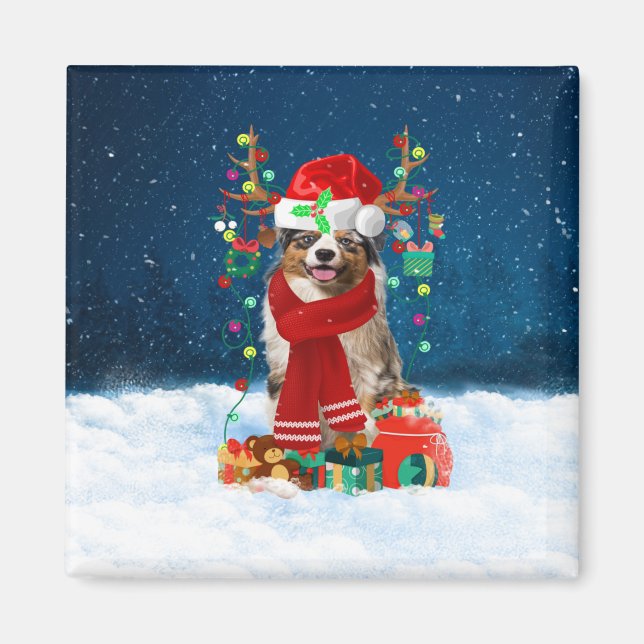 Imán Perro pastor australiano con regalos de Navidades (Frente)