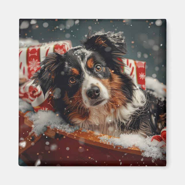 Imán Perro Pastor Australiano Navidad Festiva (Frente)