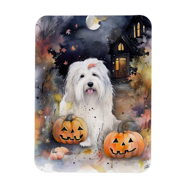 Imán Perro pastor inglés antiguo de Halloween con calab (Vertical)
