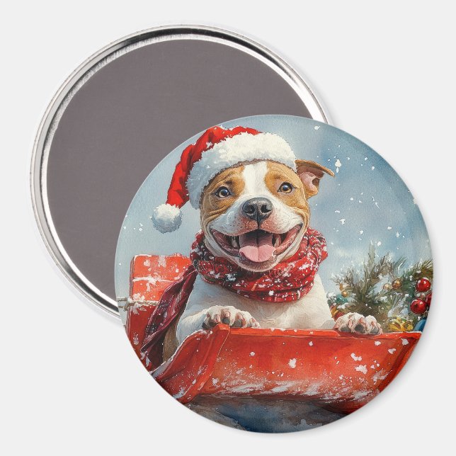 Imán Perro Pitbull en Trineo Deja que Nieve Navidad (Anverso/Reverso)