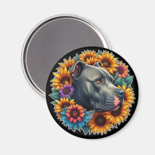 Imán Perro Pitbull rodeado de girasoles vibrantes