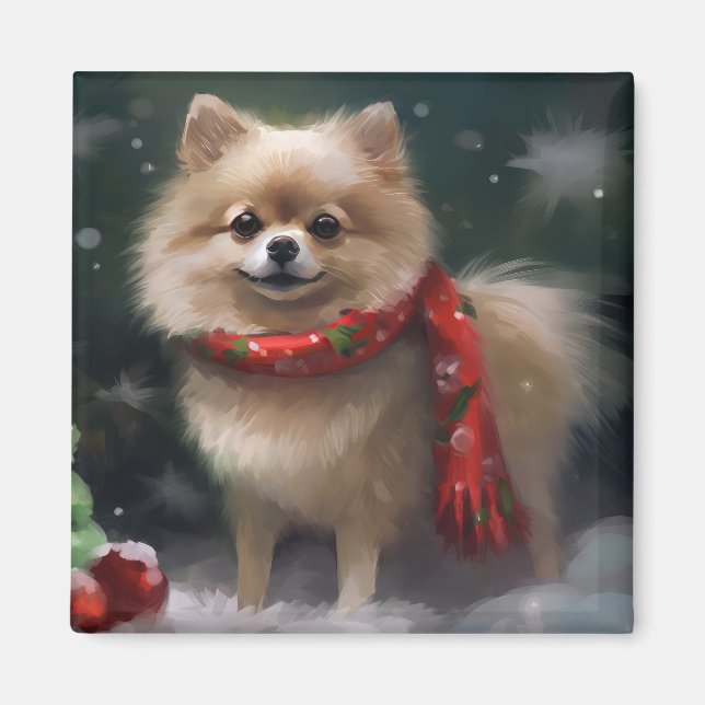 Imán Perro Pomerania en Navidad con Nieve (Frente)