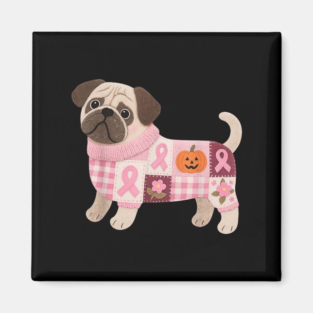 Imán Perro Pug Cinta rosa Cinta de pecho Cúpula Patrón  (Frente)