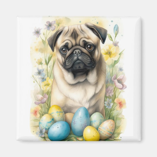 Imán Perro Pug con festividad de huevos de Pascua (Frente)