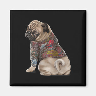 Imán Perro Pug Con Tatuaje Dragón Japonés Tradicional I