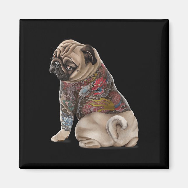 Imán Perro Pug Con Tatuaje Dragón Japonés Tradicional I (Frente)