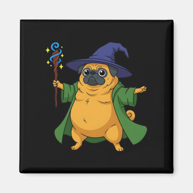 Imán Perro Pug de Brujo Adorable Sosteniendo un Bastón  (Frente)