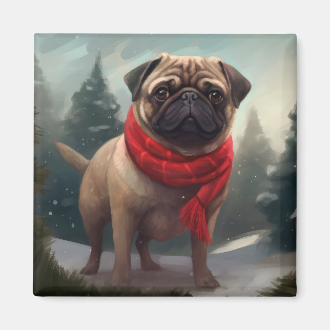 Imán Perro Pug en Navidad con Nieve (Frente)