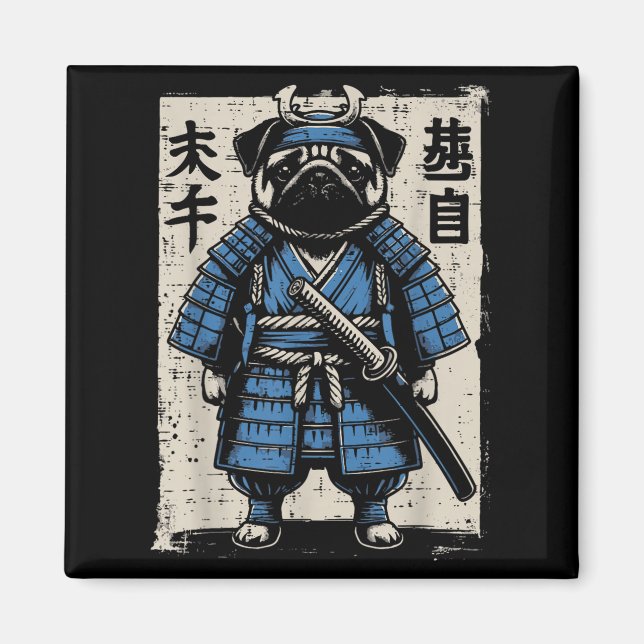 Imán Perro Pug Samurai Gracioso Hombres de arte guerrer (Frente)