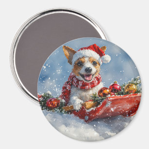 Imán Perro Rat Terrier en Trineo Deja que Nieve Navidad