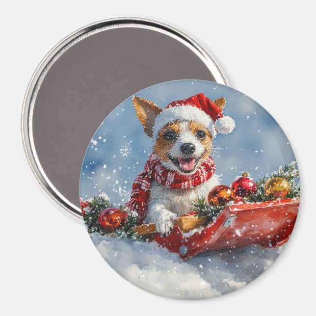 Imán Perro Rat Terrier en Trineo Deja que Nieve Navidad (Anverso/Reverso)
