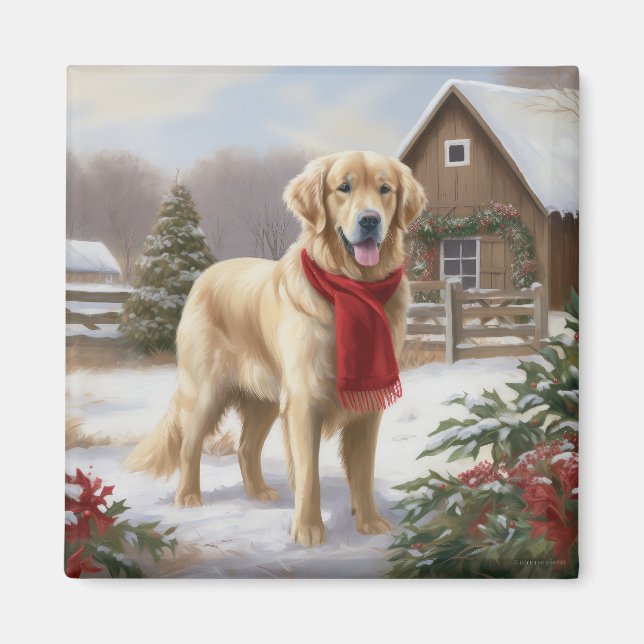 Imán Perro Retriever Dorado en Navidad Nieve  (Frente)