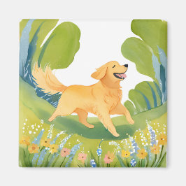 Imán Perro Retriever Dorado Feliz | Tarjeta de Acuarela
