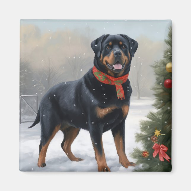 Imán Perro Rottweiler en Navidad con Nieve (Frente)