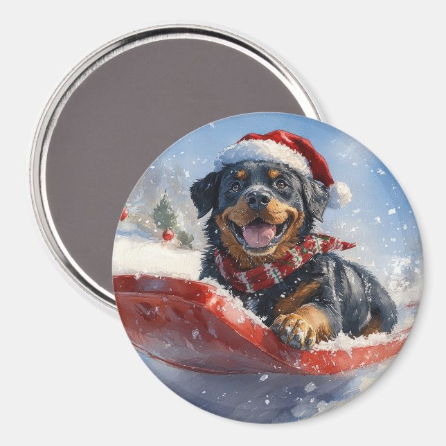 Imán Perro Rottweiler en Trineo Deja que Nieve Navidad (Anverso/Reverso)