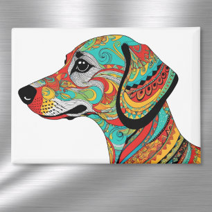 Imán Perro salchicha con patrón divertido y colorido