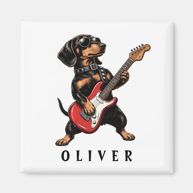 Imán Perro salchicha Cool Rocker tocando guitarra eléct (Frente)