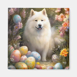 Imán Perro samoyado con festividad de huevos de Pascua