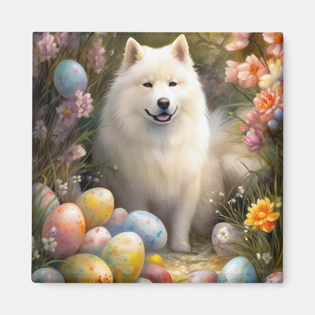 Imán Perro samoyado con festividad de huevos de Pascua (Frente)