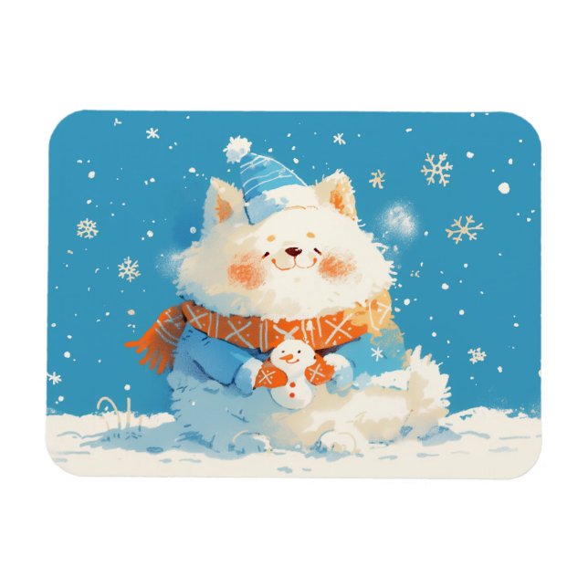 Imán Perro Samoyedo Acogedor con Mini Muñeco de Nieve (Horizontal)