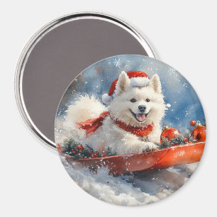 Imán Perro Samoyen en el manto Navidades que la nieve