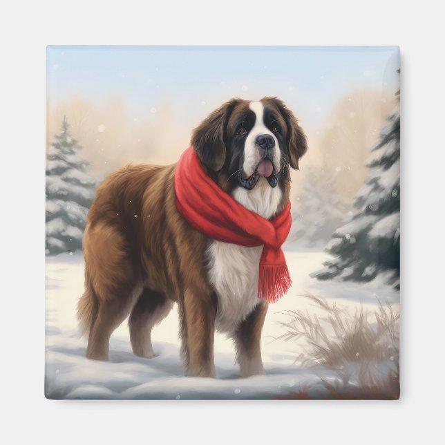 Imán Perro San Bernardo en Navidad con Nieve (Frente)