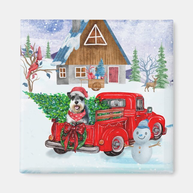 Imán Perro Schnauzer en camión de entrega de Navidad ni (Frente)
