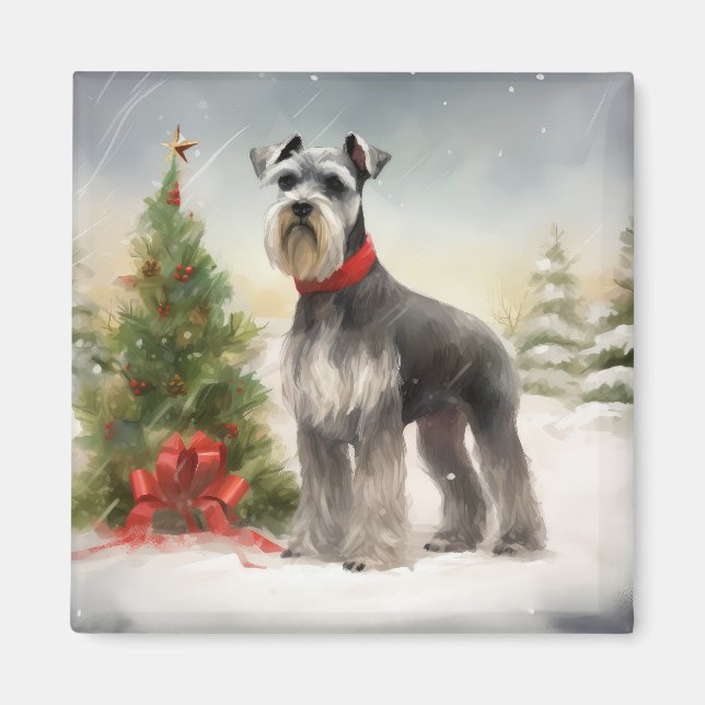 Imán Perro Schnauzer en Navidad con nieve (Frente)