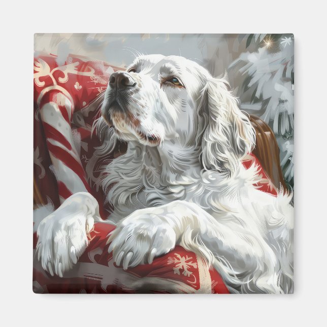 Imán Perro Setter Inglés Festividad de Navidad (Frente)