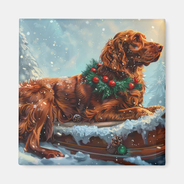 Imán Perro Setter Rojo Irlandés Navidad Festiva (Frente)