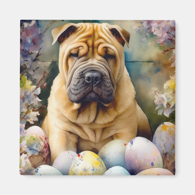 Imán Perro Shar Pei con festividad de huevos de Pascua (Frente)