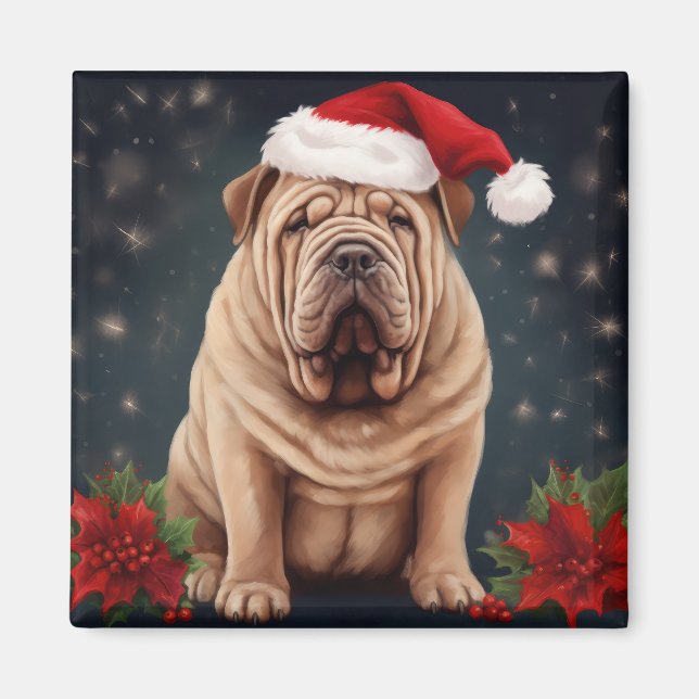 Imán Perro Shar Pei en Navidades de nieve (Frente)