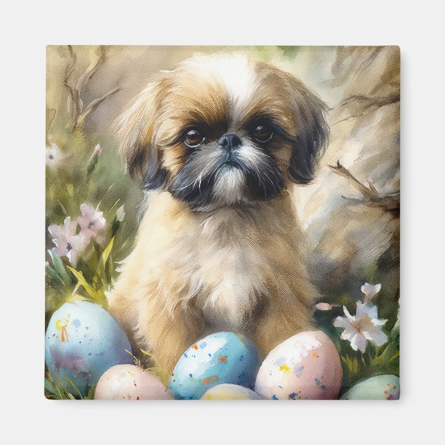 Imán Perro Shih Tzu con festividad de huevos de Pascua (Frente)