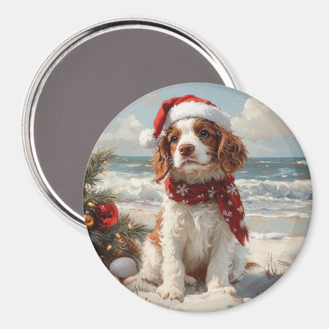Imán Perro Springer Spaniel Navidad Vintage Playa (Anverso/Reverso)