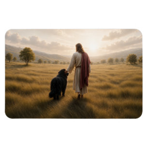 Imán Perro Terranova caminando con Jesús (Tarjeta conme
