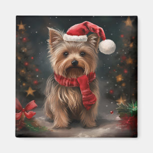 Imán Perro Terrier de Yorkshire en Navidad en la nieve
