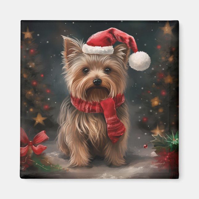 Imán Perro Terrier de Yorkshire en Navidad en la nieve (Frente)