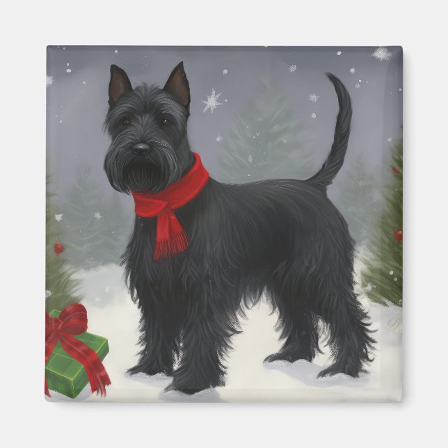 Imán Perro Terrier Escocés en Navidad con Nieve (Frente)
